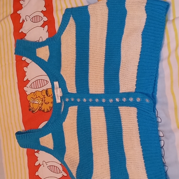 SexyVintage 80s Button DownTurquoise Blue & Cream Tank Style Sweater Crop Top 💙 - Picture 9 of 13